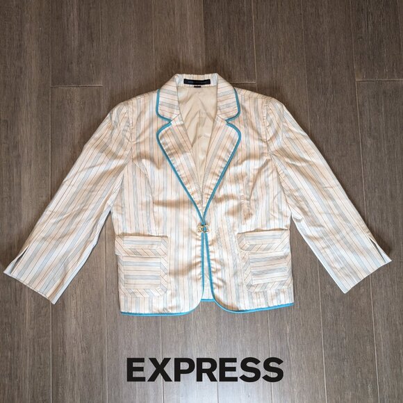 Express, Fitted Pinstriped Blazer, Light Beige w Teal, Hook Closure, Sz 12 - Picture 1 of 10